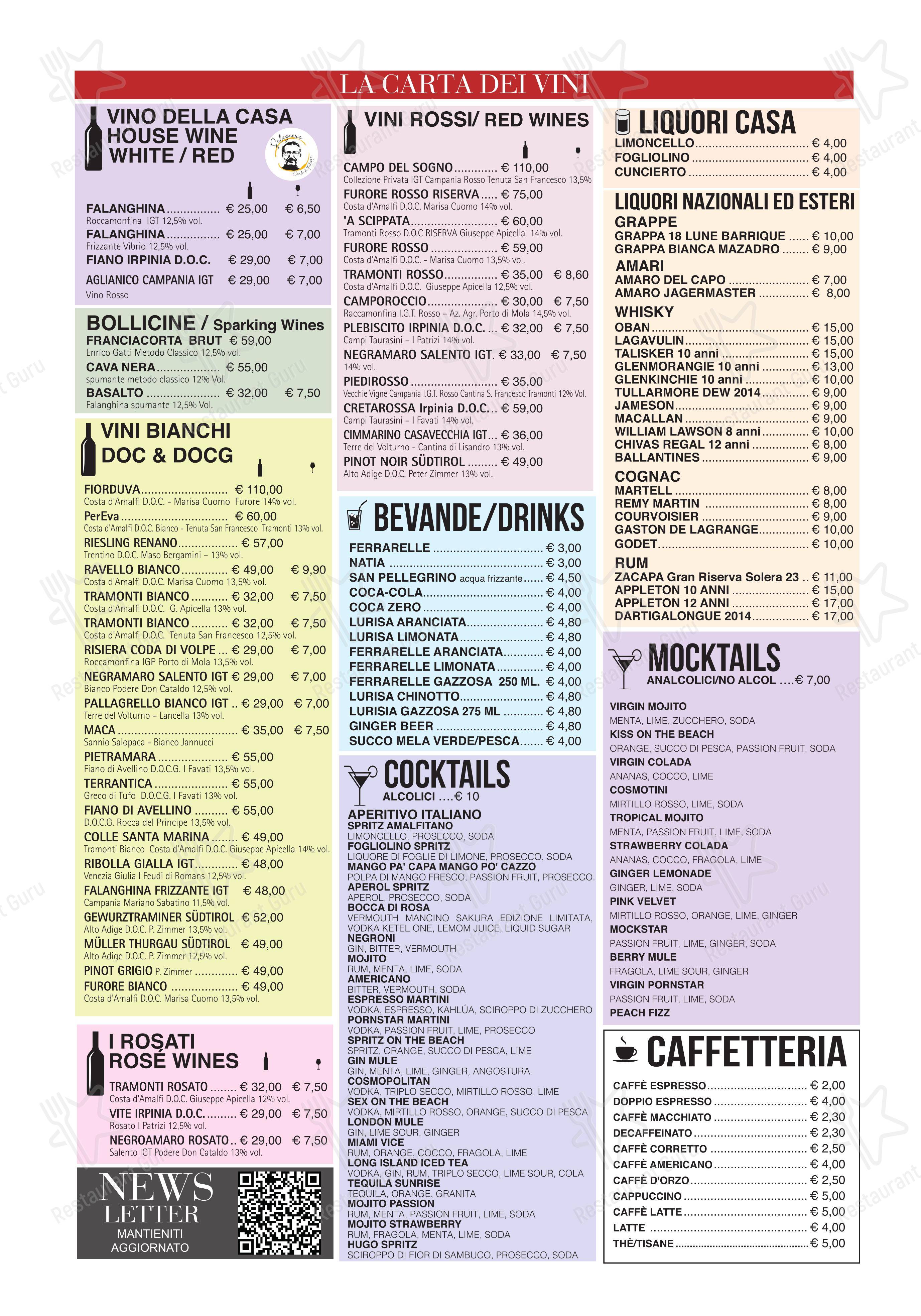 Menu bar per Pineta 1903, Ristorante con Pastificio Artigianale L’Autentica Cucina di Mare della Costiera Amalfitana in Maiori