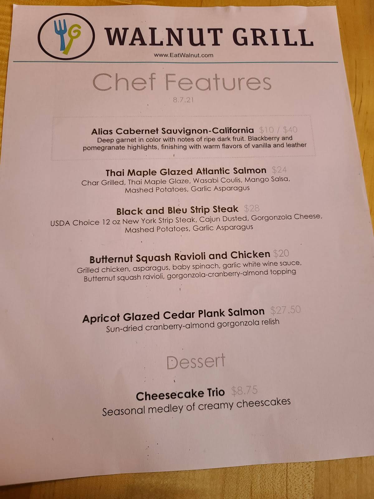 Menu at Walnut Grill Fox Chapel restaurant, Pittsburgh, 911 Freeport Rd