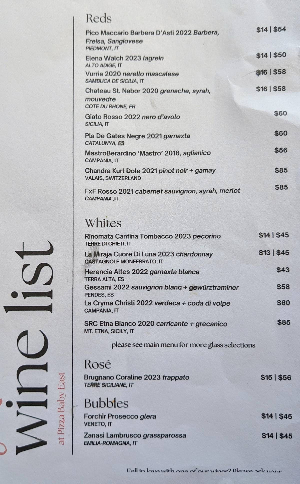 Menu at Pizza Baby 