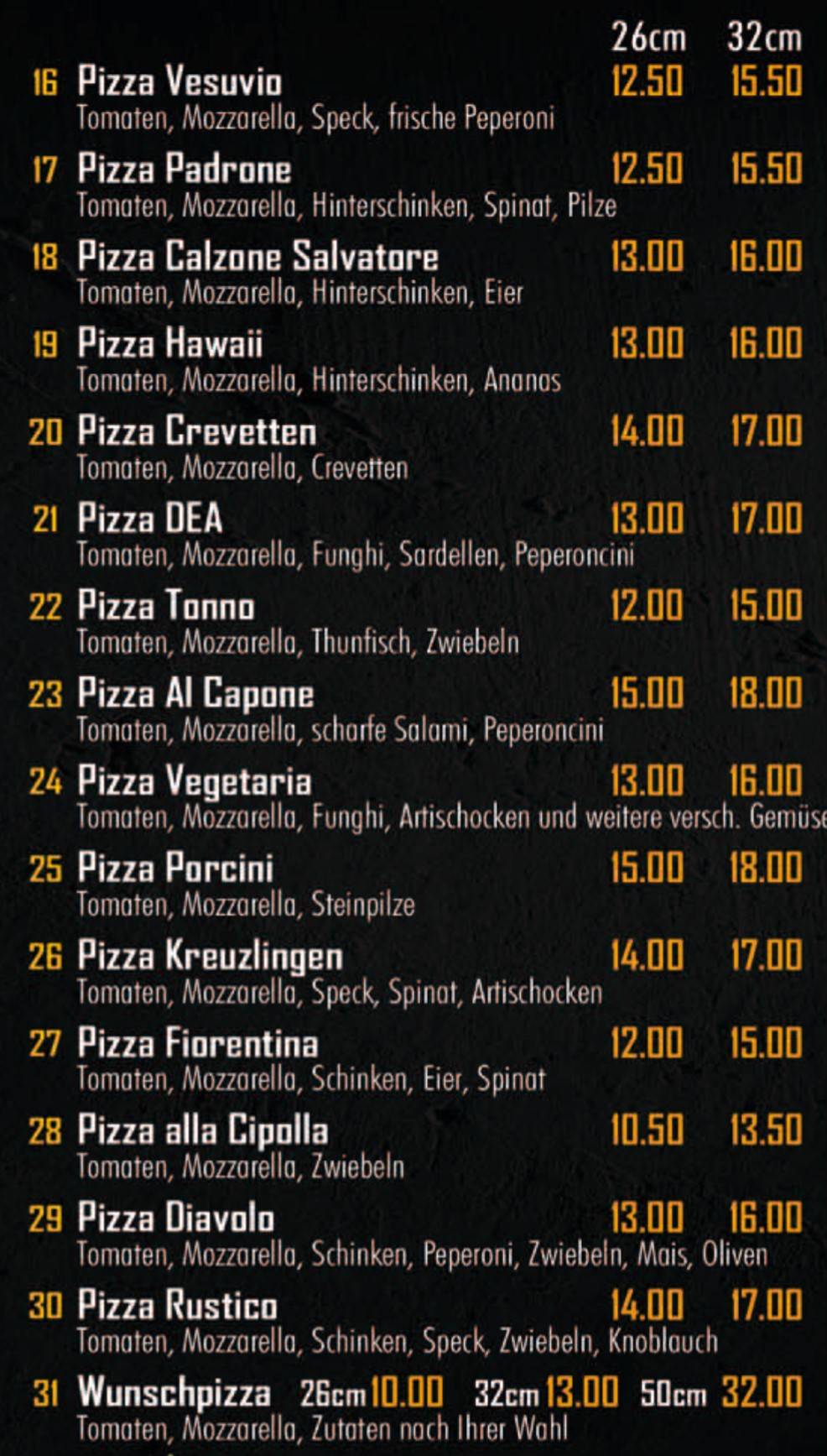 Menu di Pizza Kurier Armando Kreuzlingen 