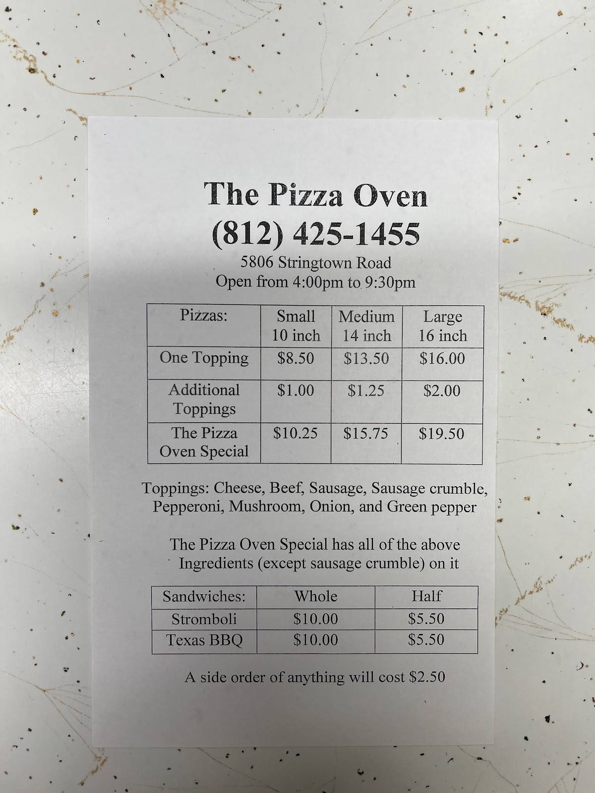 Menu at Pizza Oven pizzeria, Evansville