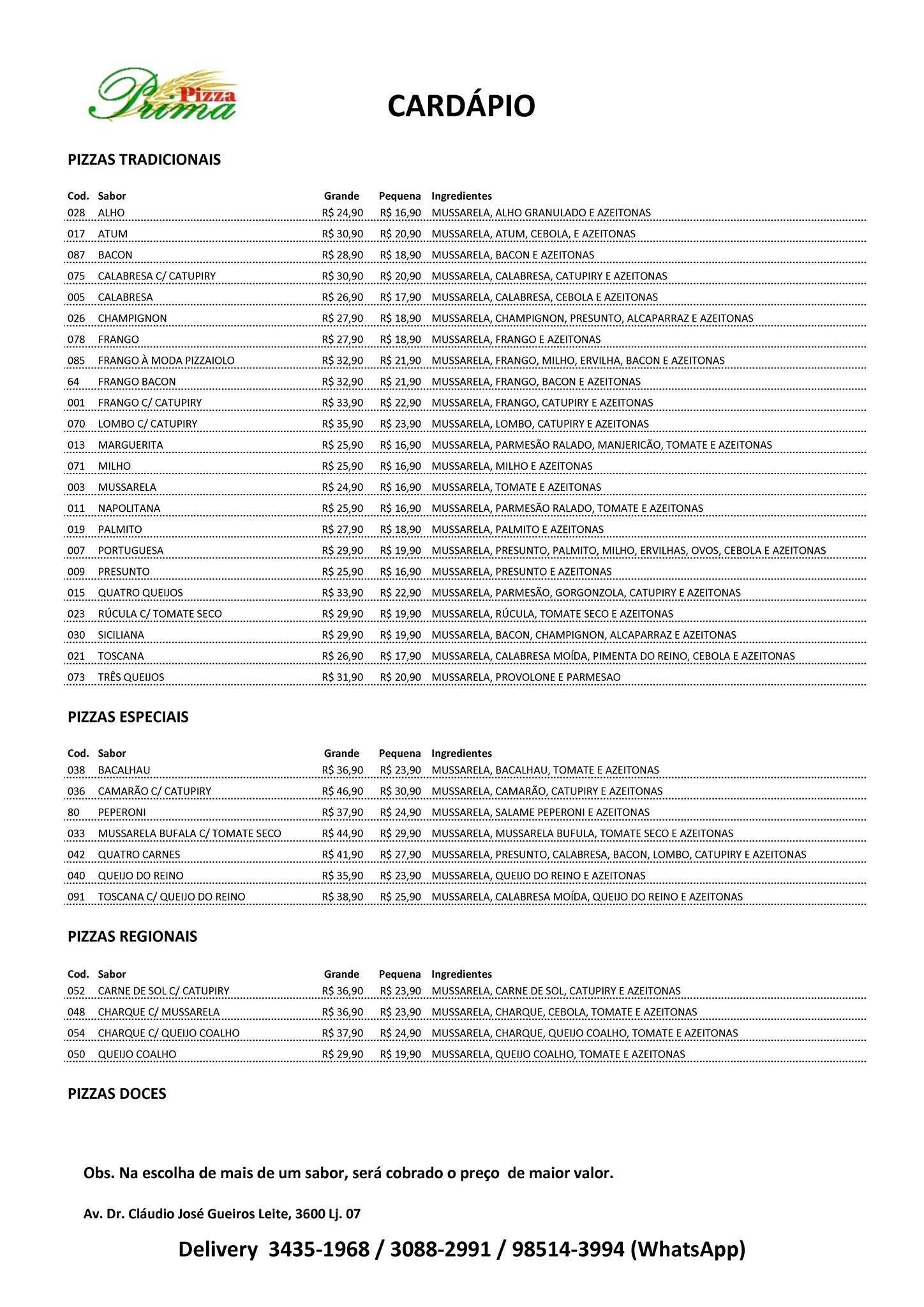 Pizza Prima e Burguer Prima no Janga cardápio