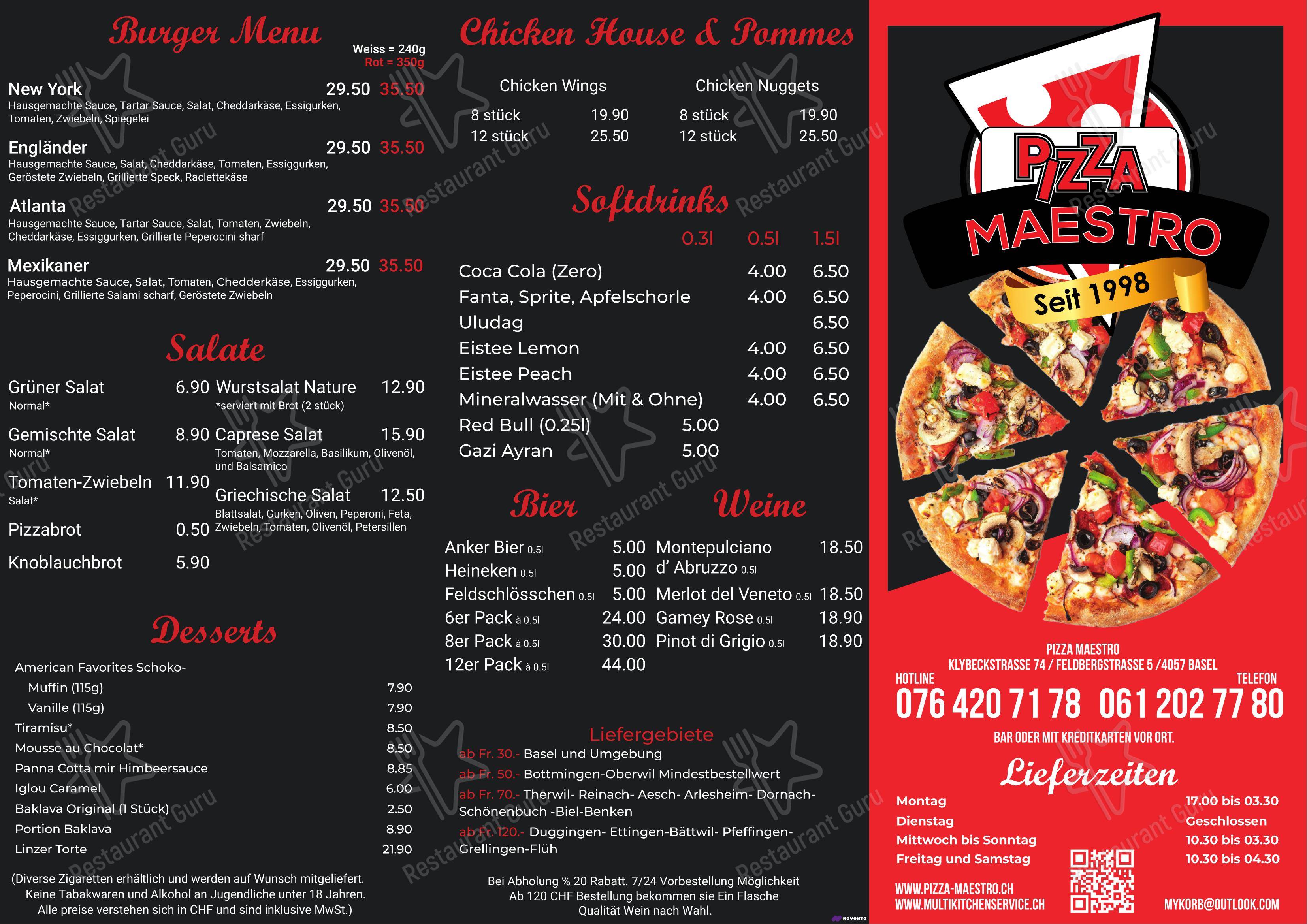 Menu di Pizzakurier Maestro Basel - Menu