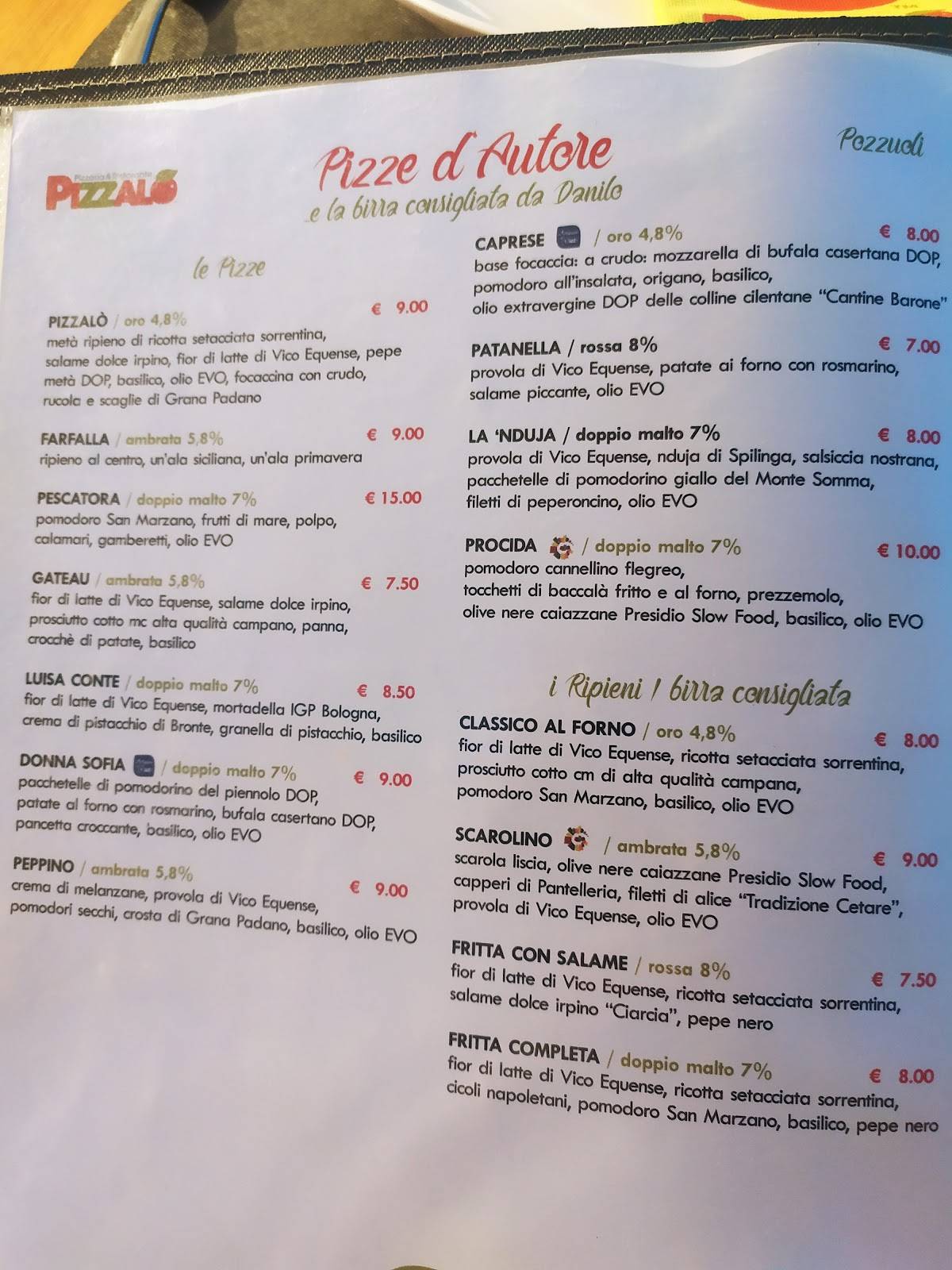 Menu di Pizzaló 