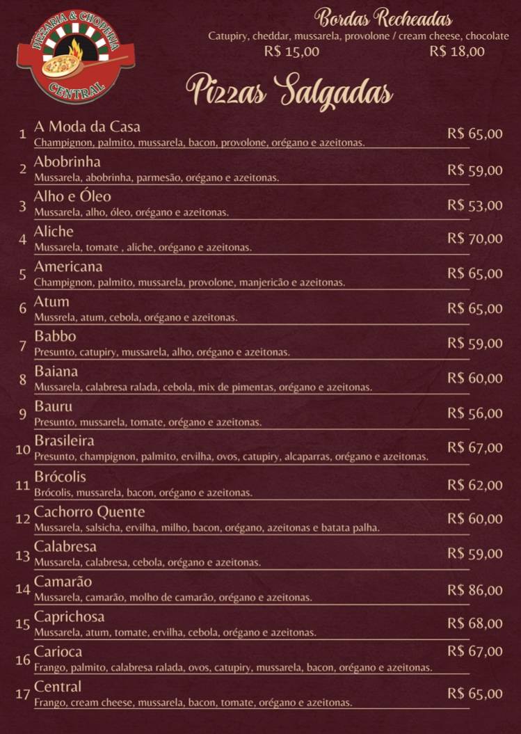Pizzaria e Choperia Central cardápio