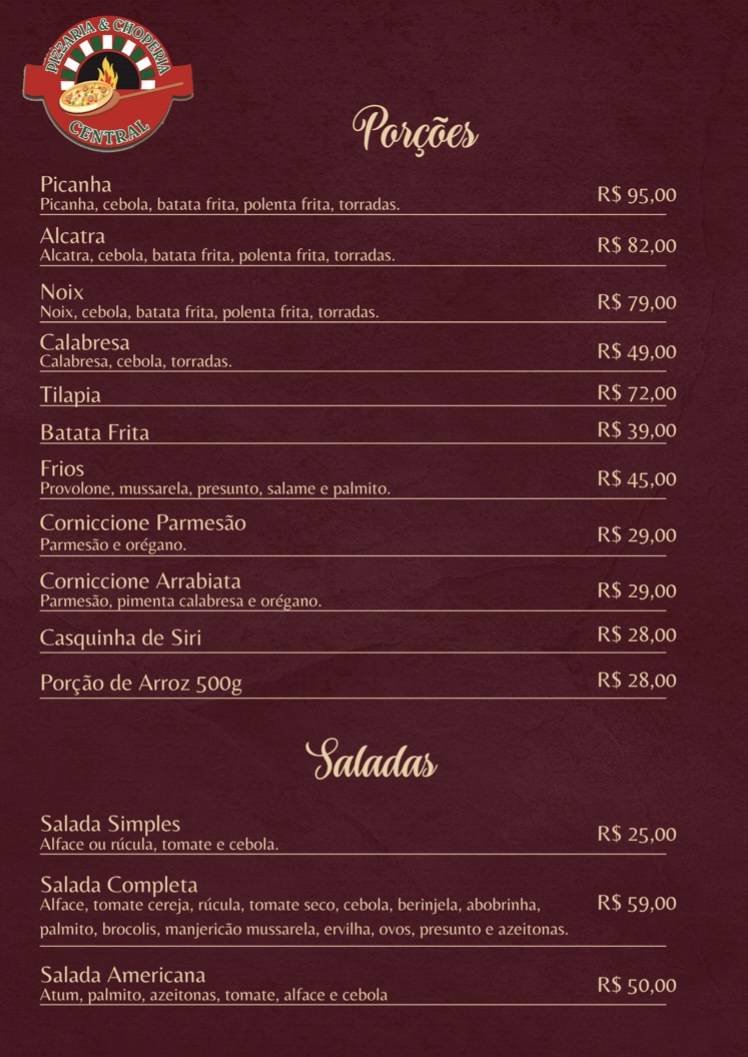 Pizzaria e Choperia Central cardápio