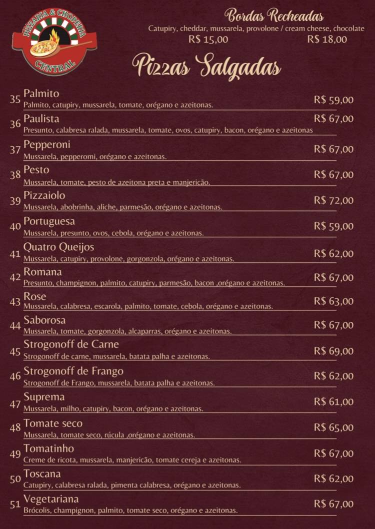 Pizzaria e Choperia Central cardápio