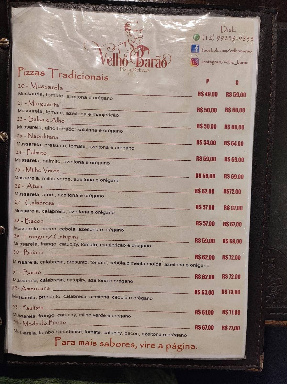Pizzaria e Restaurante Velho Barão cardápio