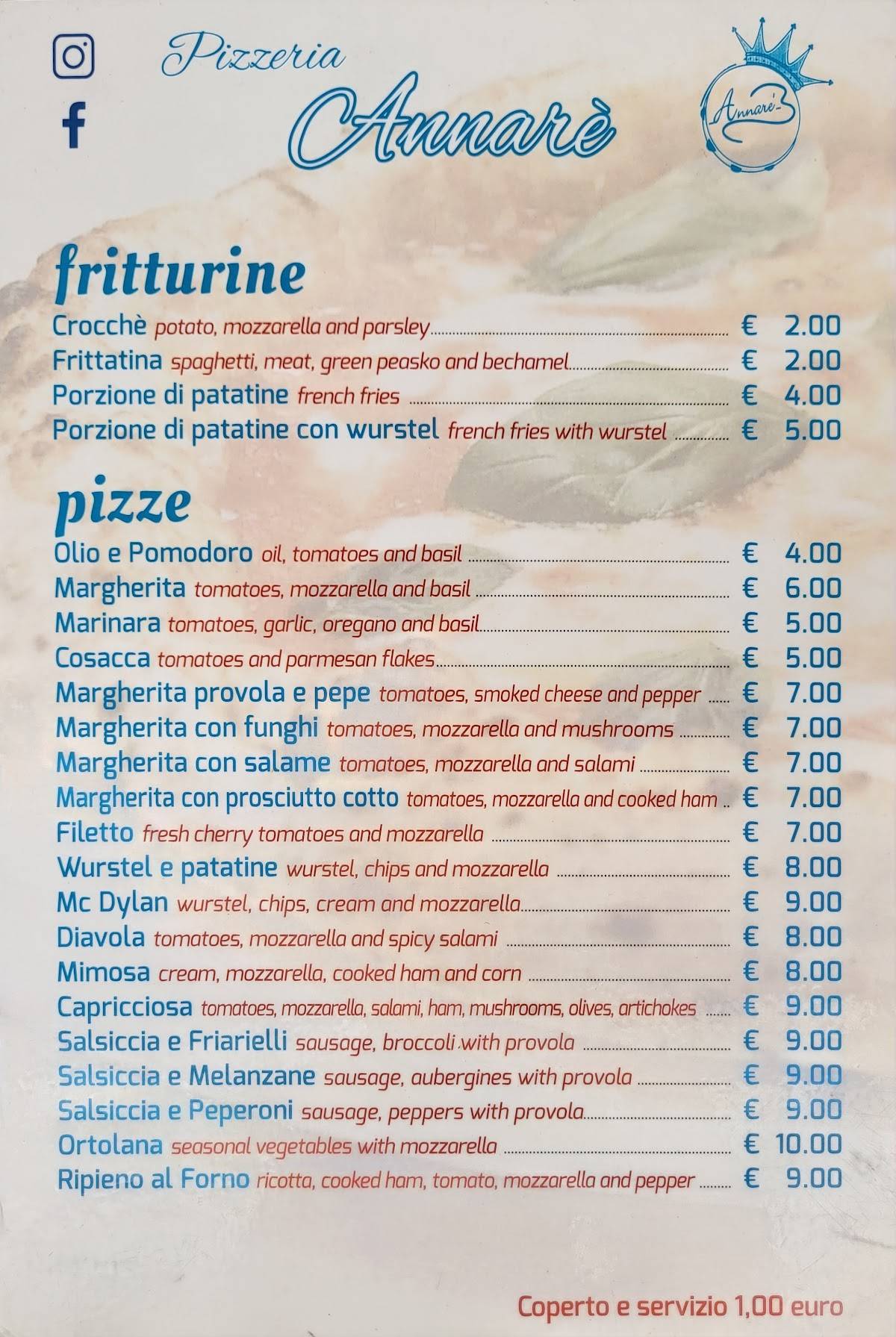 Menu di Pizzeria Annarè aereoporto Napoli 