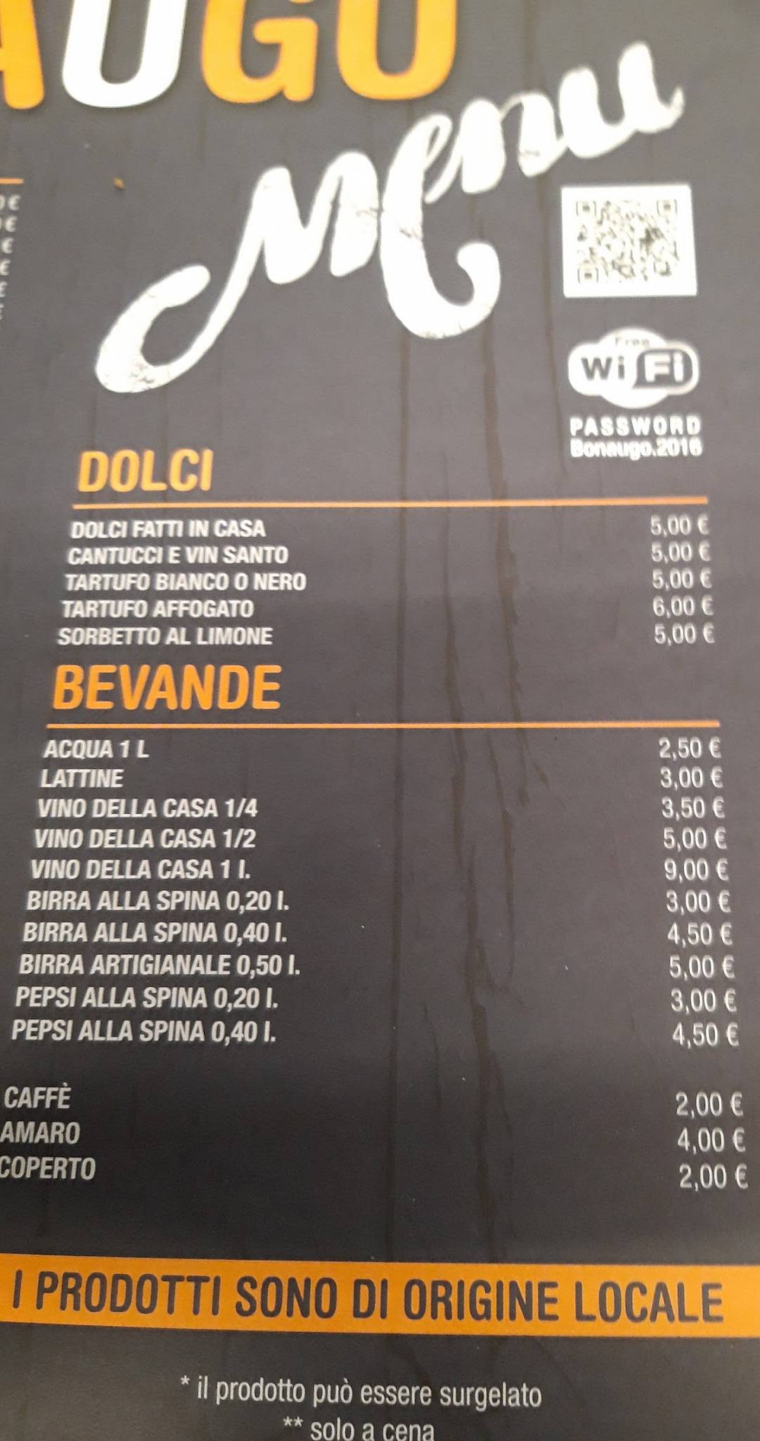 Menu di Bonaugo pizzeria ristorante 