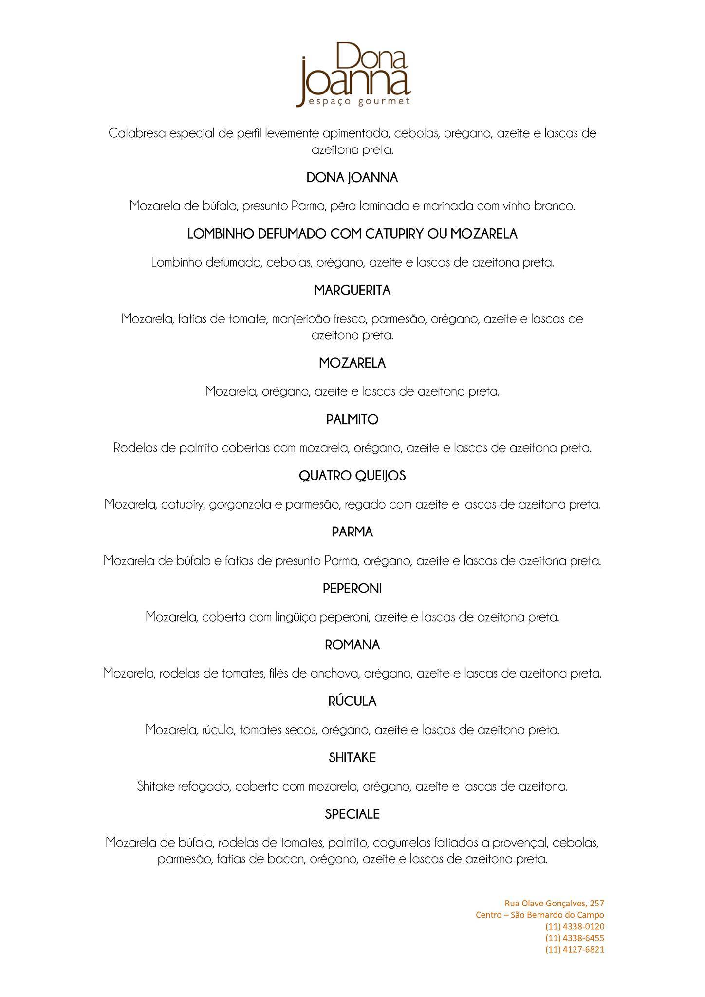 Dona Joanna Espaço Gourmet cardápio