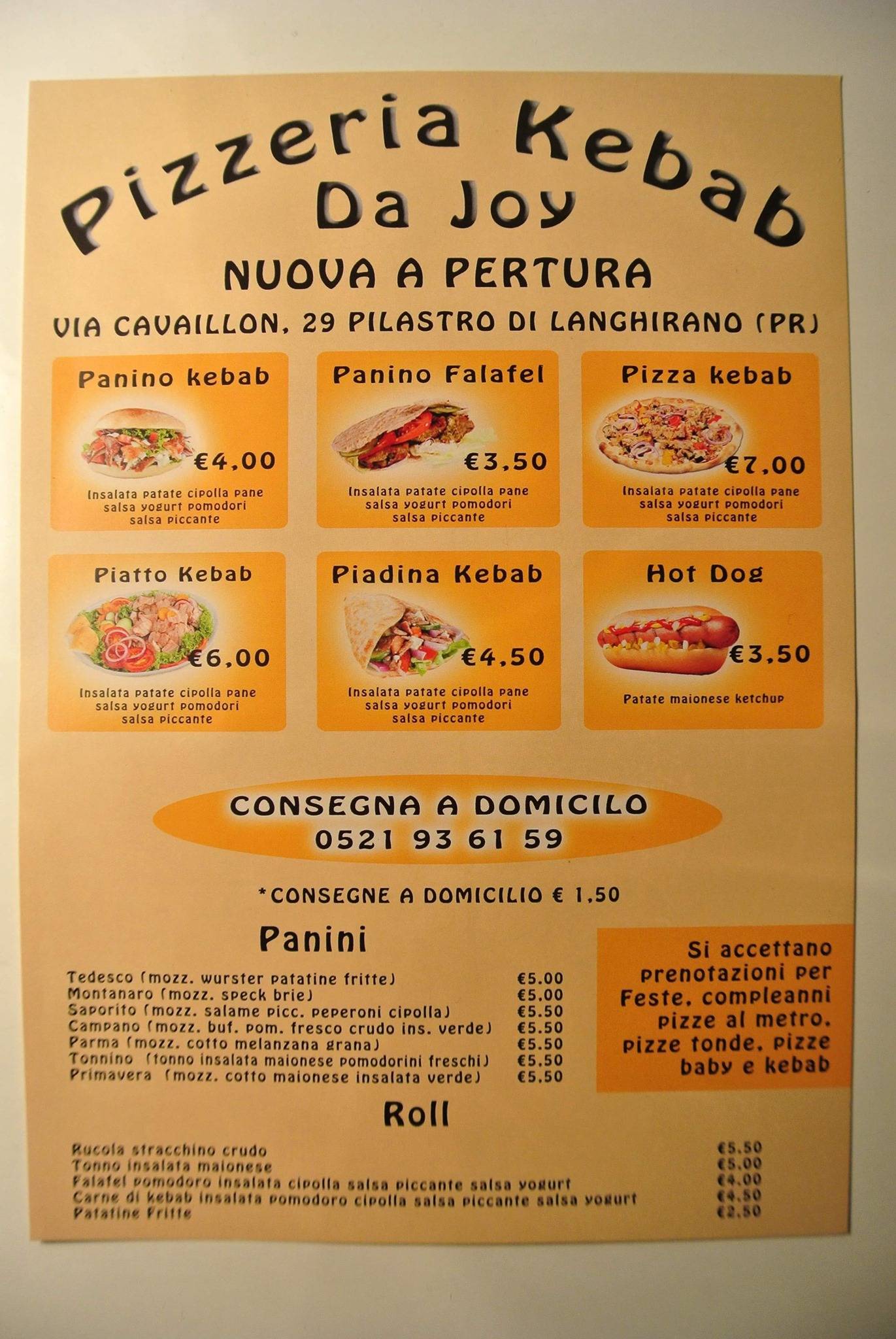 Menu di Pizzeria Kebab da Joy 