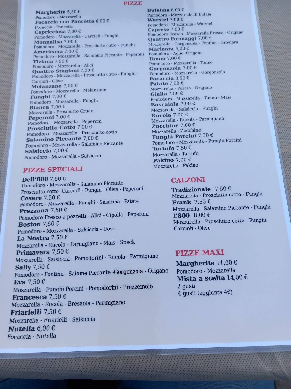 Menu di Pizzeria L'800 