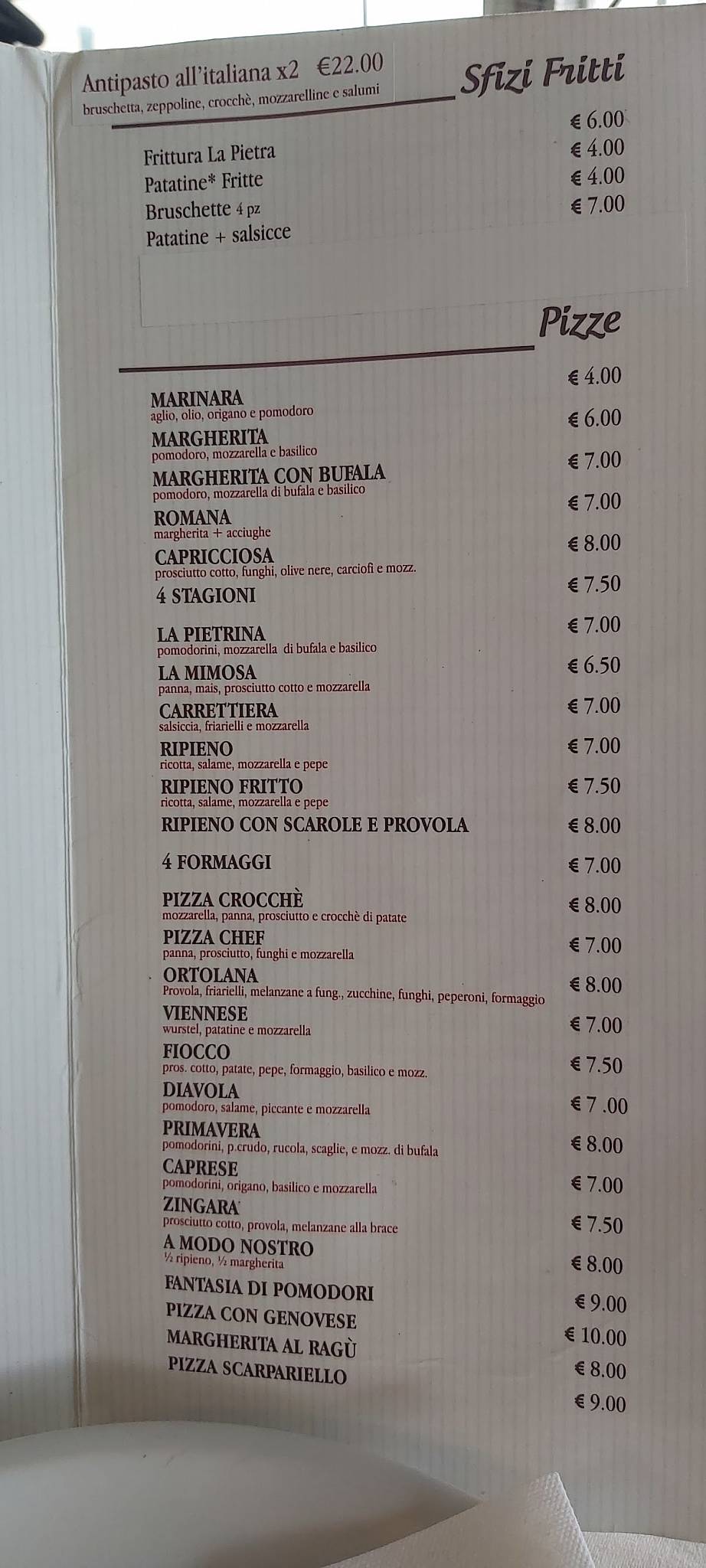Menu di La Pietra 