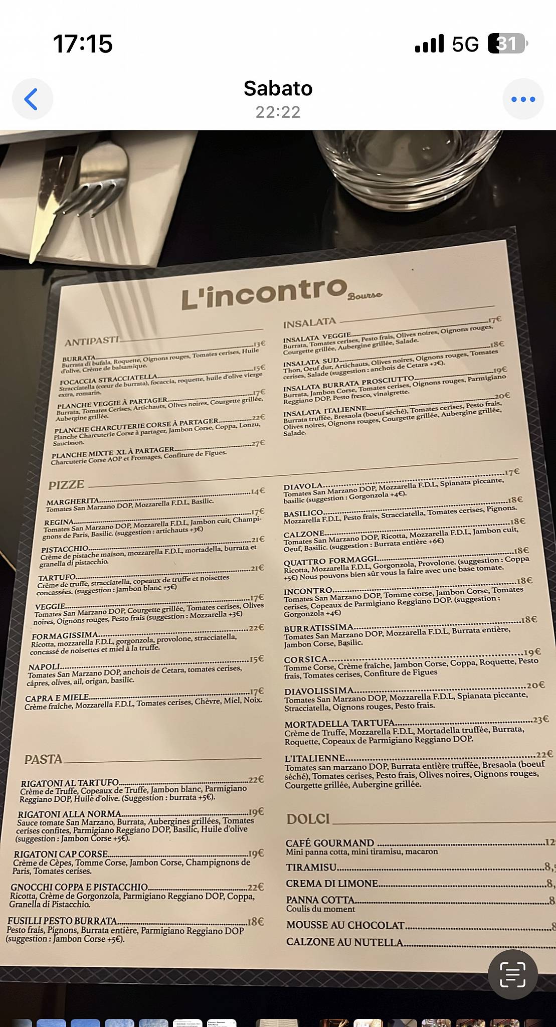 Menu de L'incontro - Restaurant Italien Paris 2