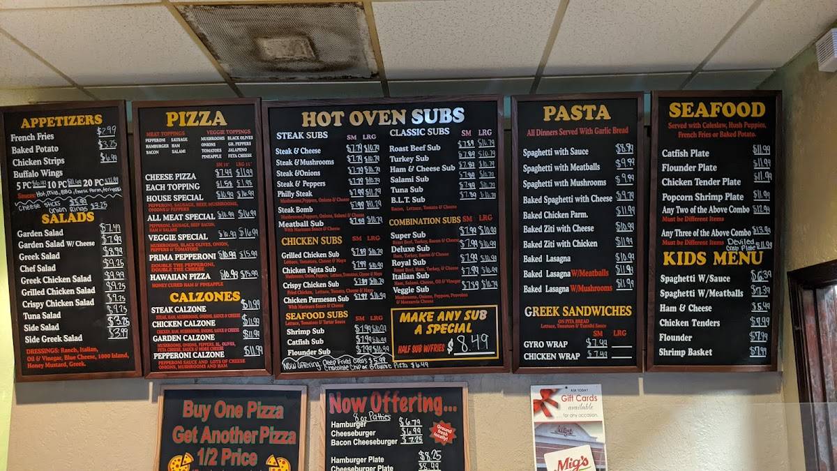 Menu at Mig's of 96 pizzeria, Six, 113 Main St E