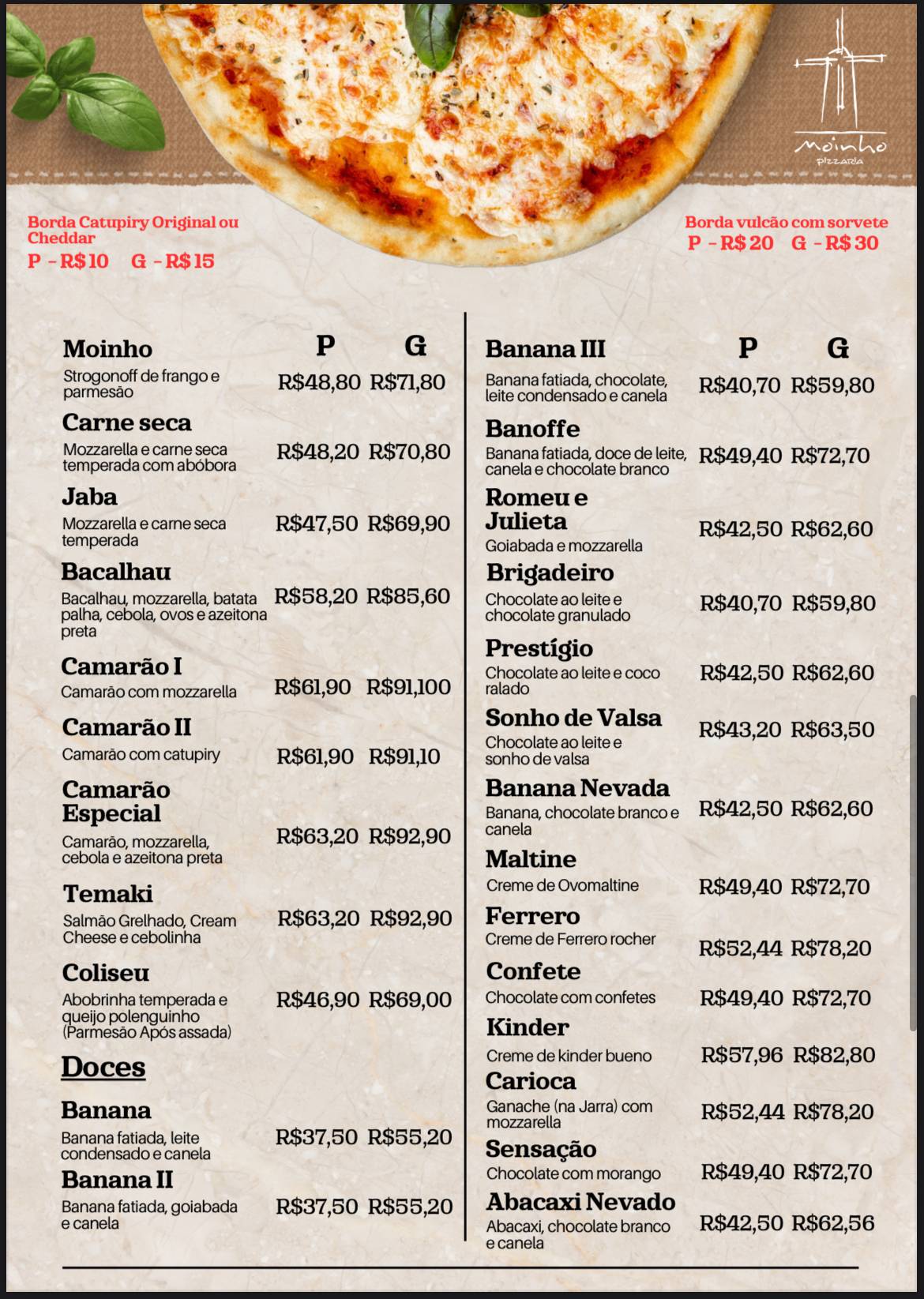 Moinho Pizzaria cardápio