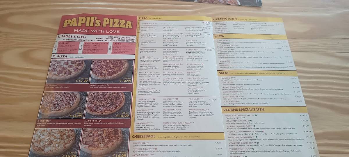 Menu de Papii’s Pizza