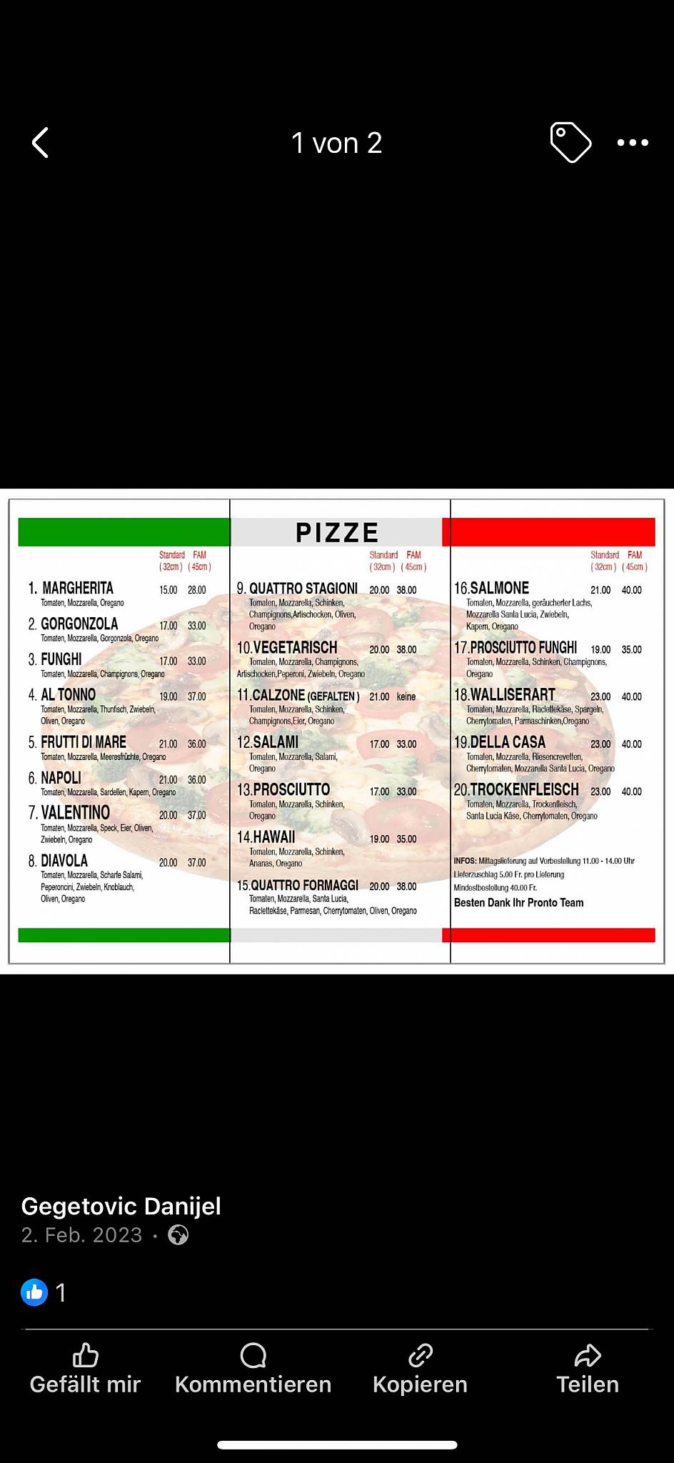 Menu di Pizzeria Pronto 