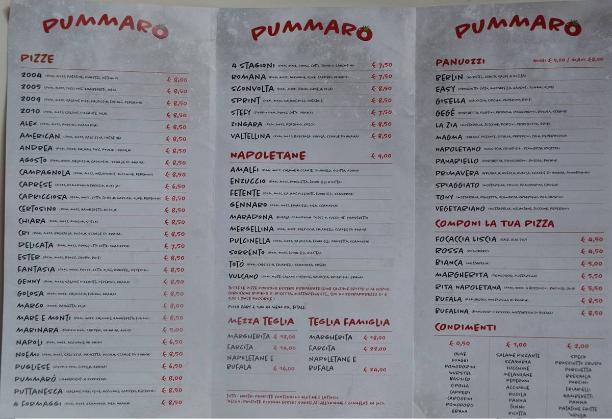 Menu di Pizzeria Senago Pummarò 