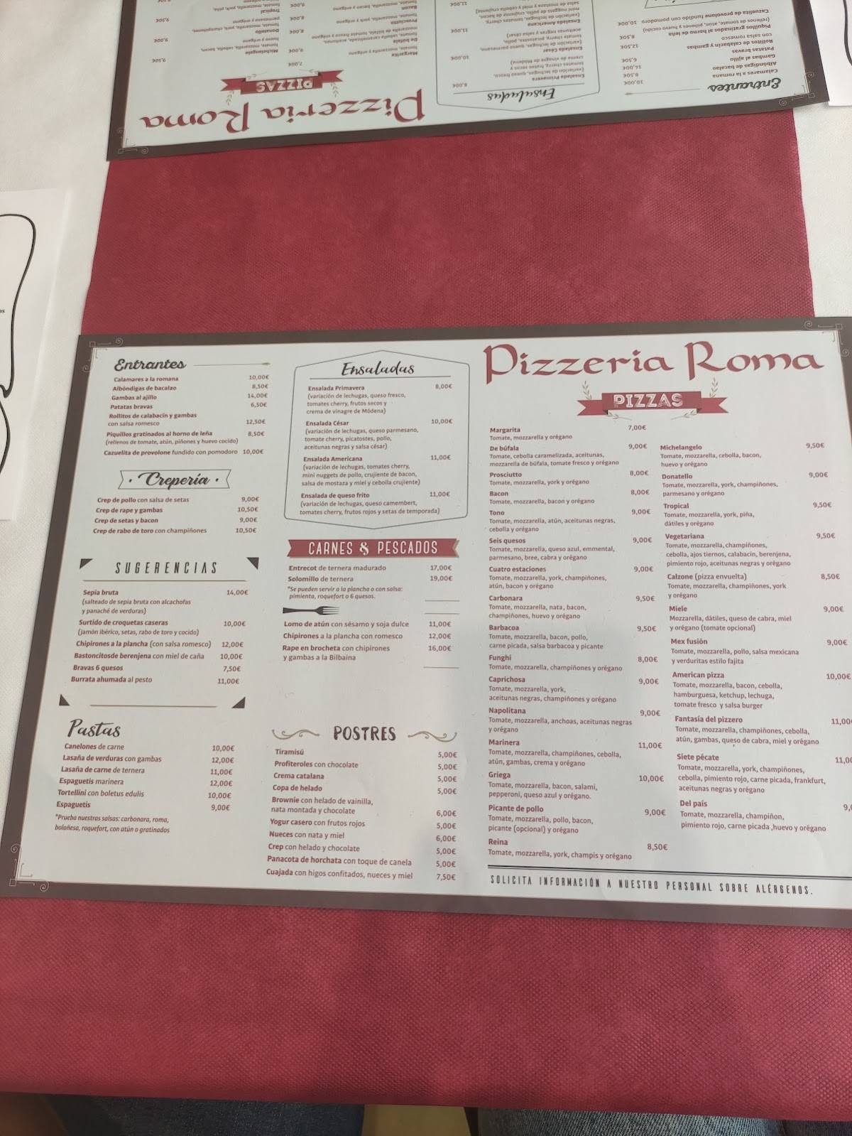 Carta de Roma Pizzeria, Burriana