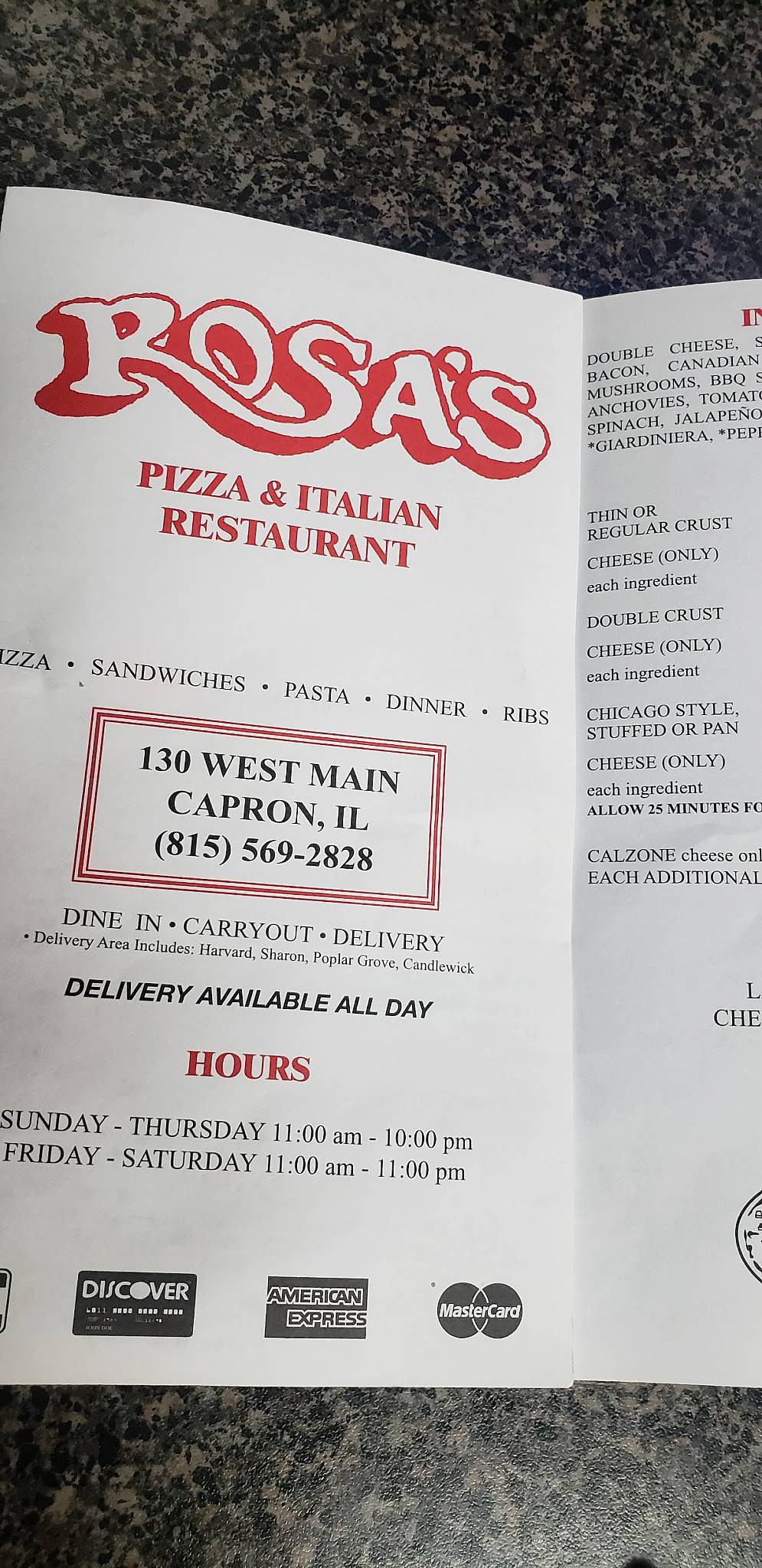 Menu at Rosa's Pizza & Italian Restaurant, Capron