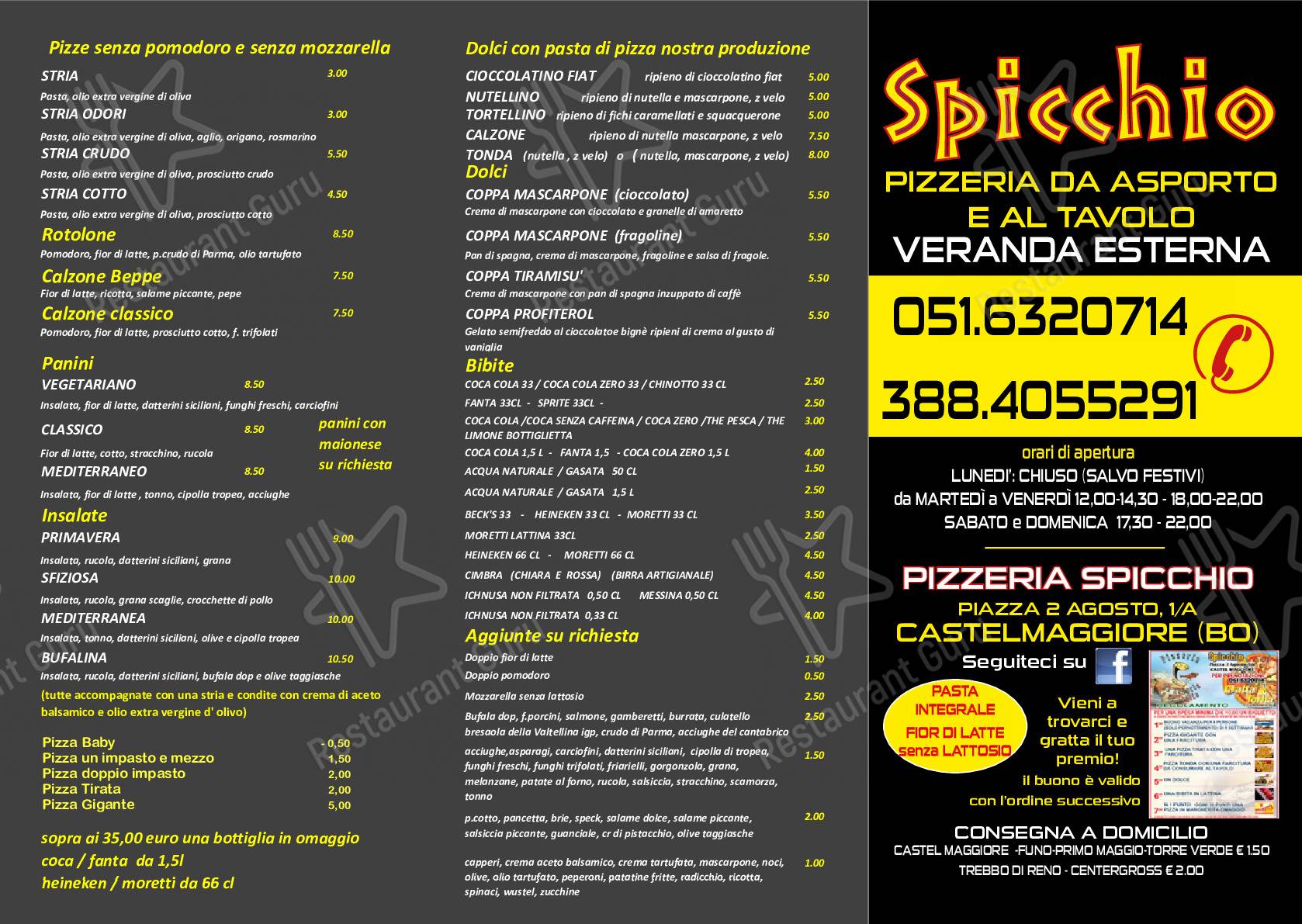 Menu di Pizzeria Spicchio di Perpoli Mattia - piatti e bevande