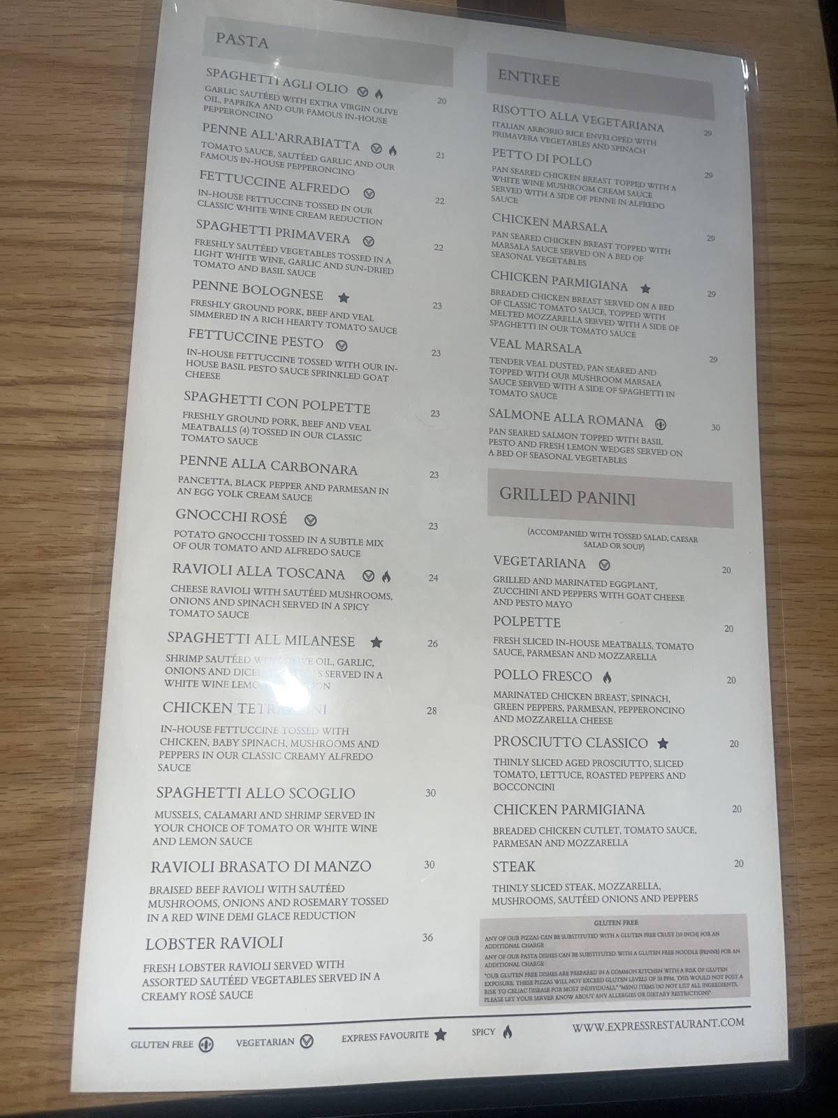 Menu de The Express Restaurant - Italian Eatery