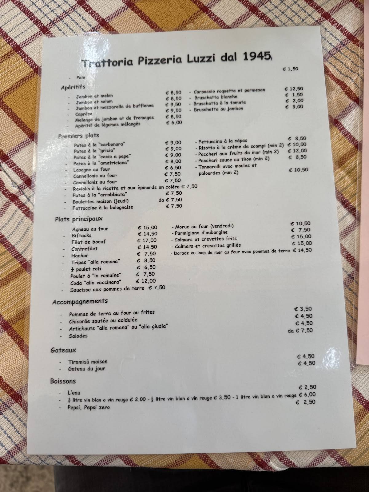 Menu de Trattoria Luzzi