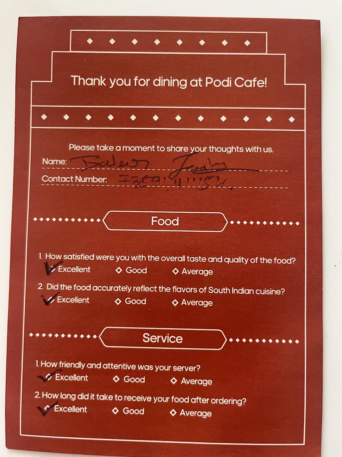 Podi Cafe menu