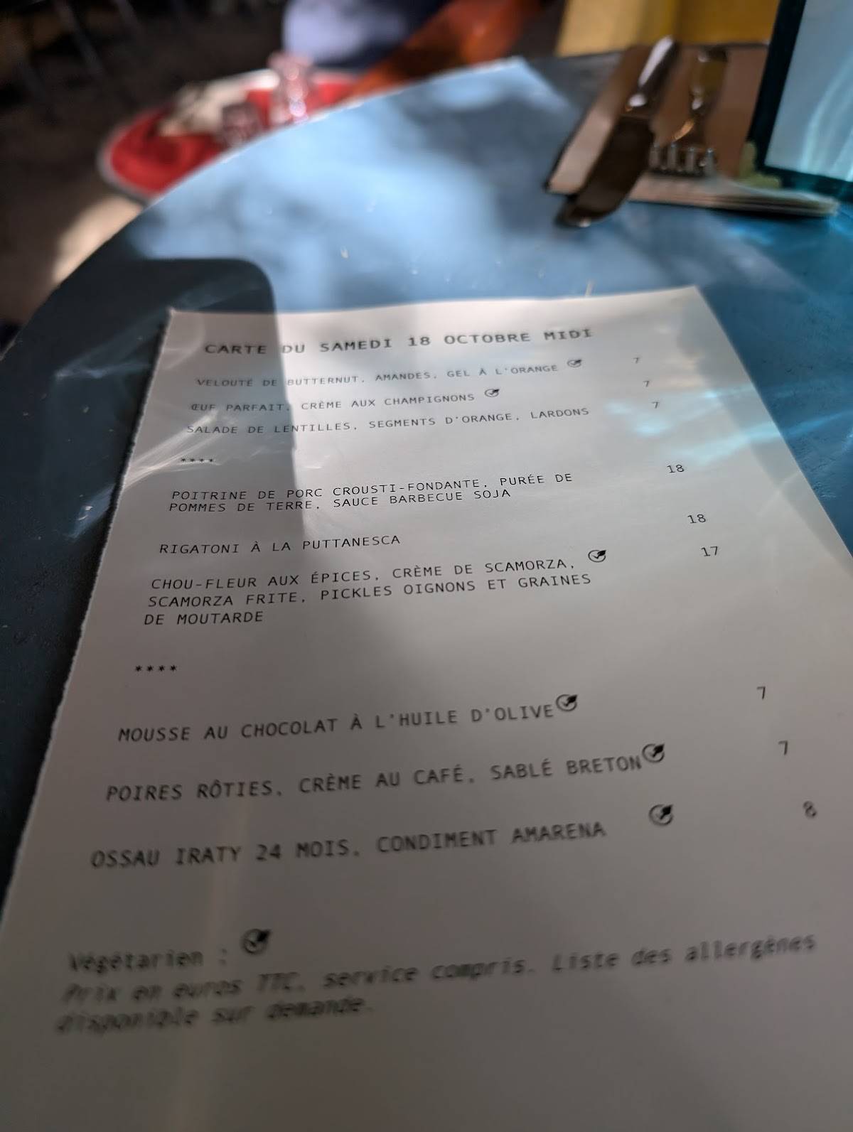 Menu de Poinçon Paris