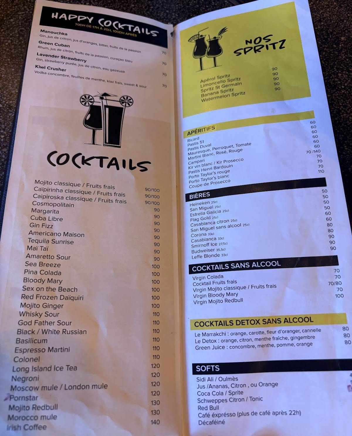 Menu de Pointbar Marrakech