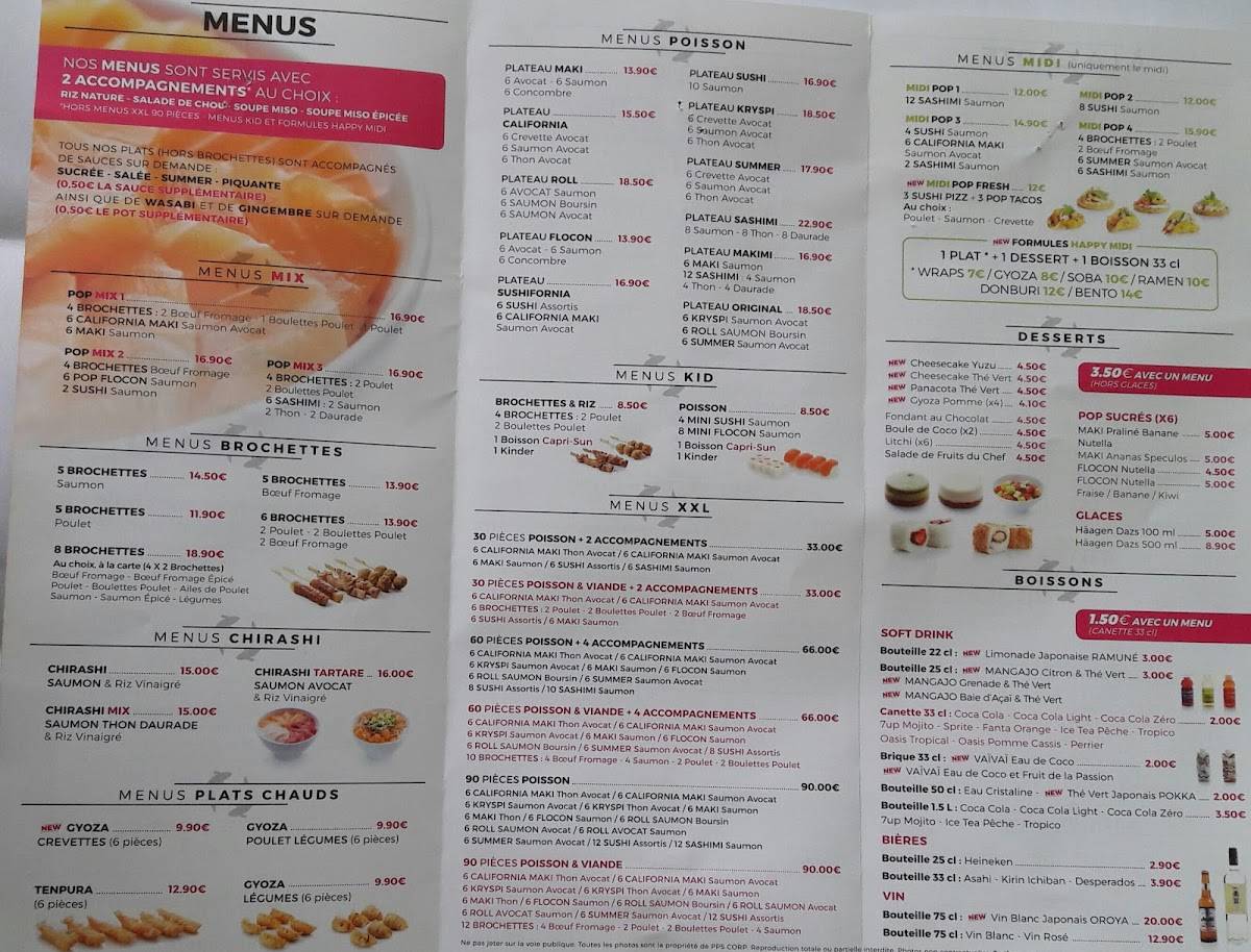 Menu de Pop Sushi Vaureal