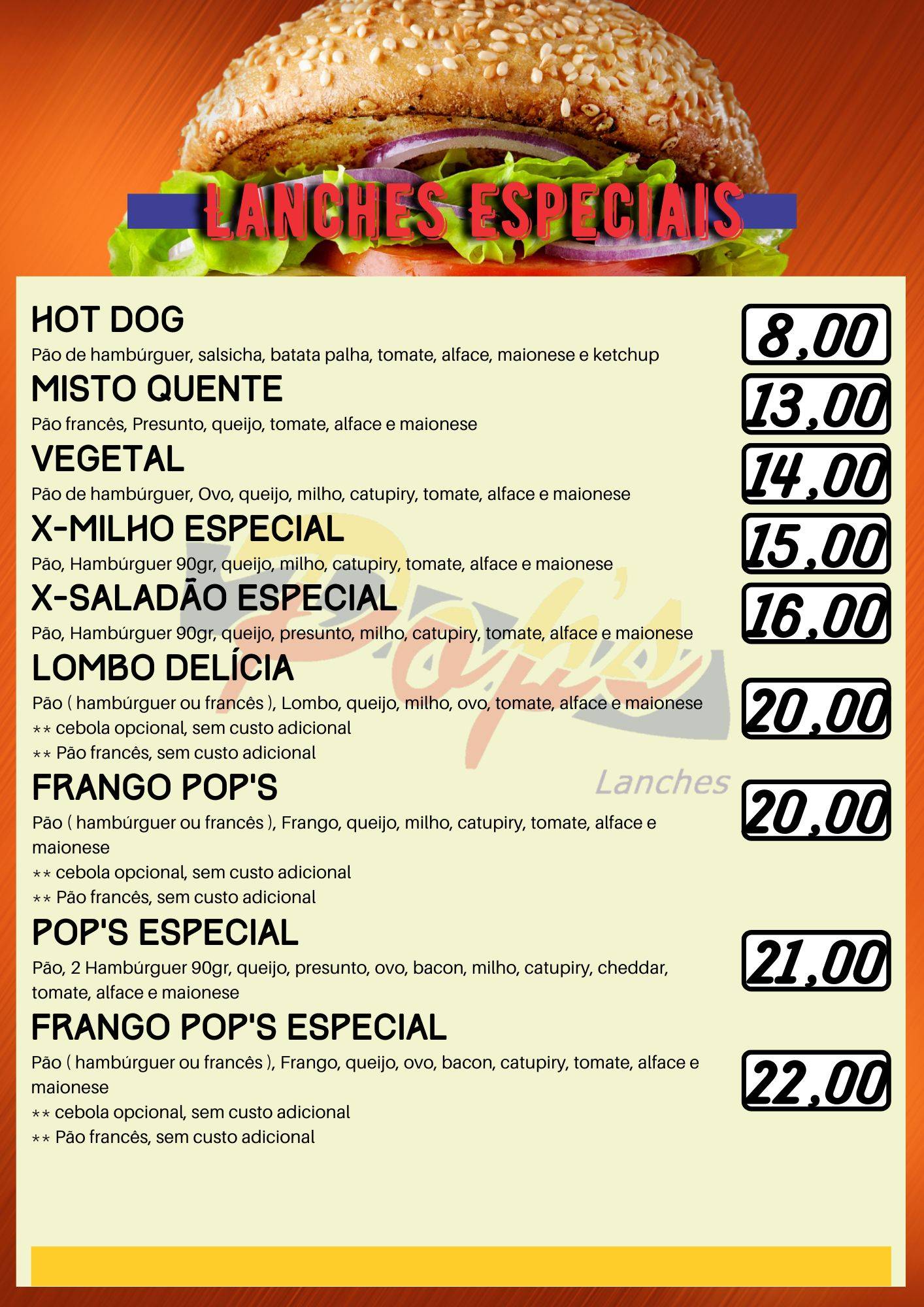 Pop's Lanches cardápio