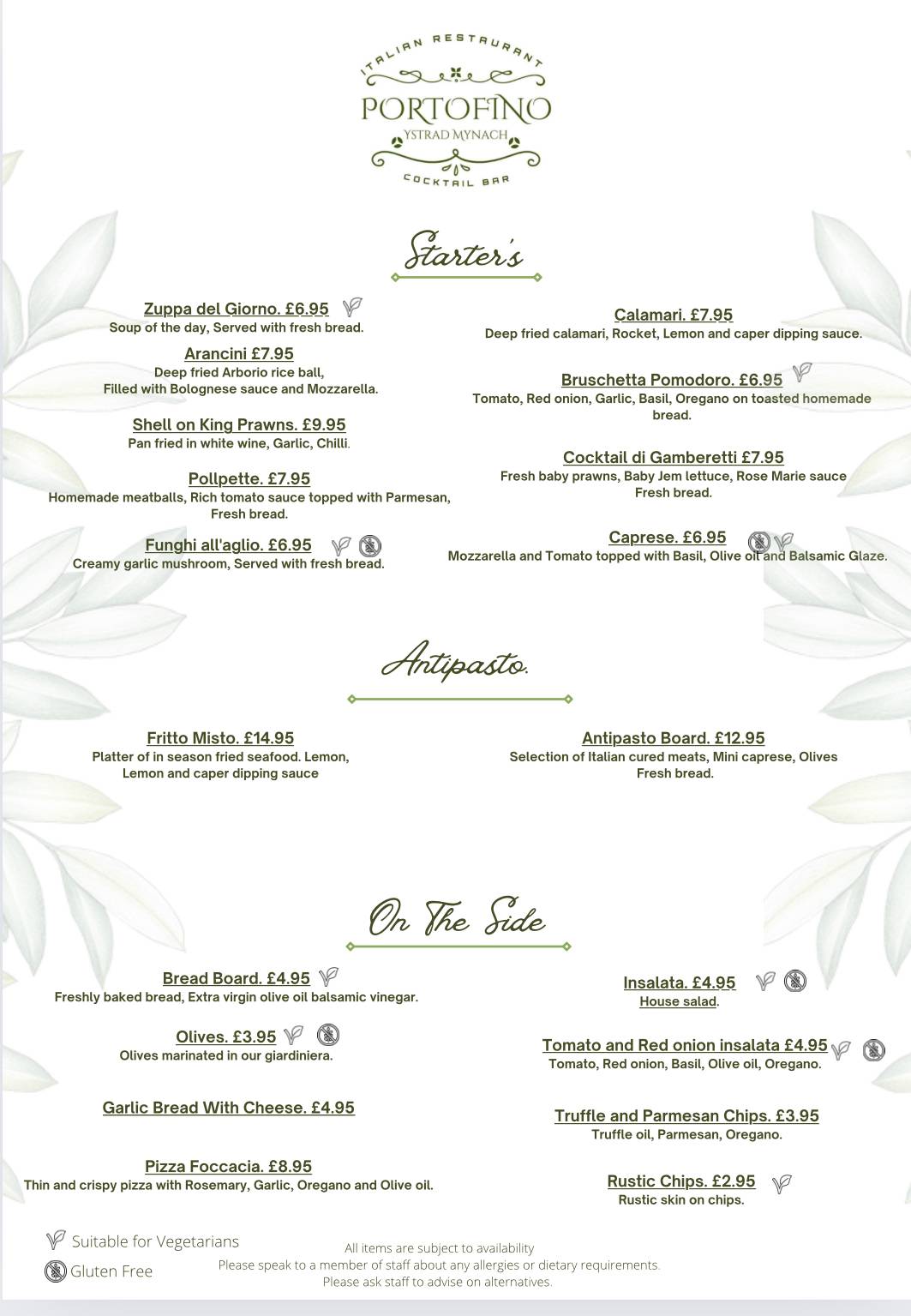 Menu at Portofino Ystrad Mynach restaurant, Hengoed