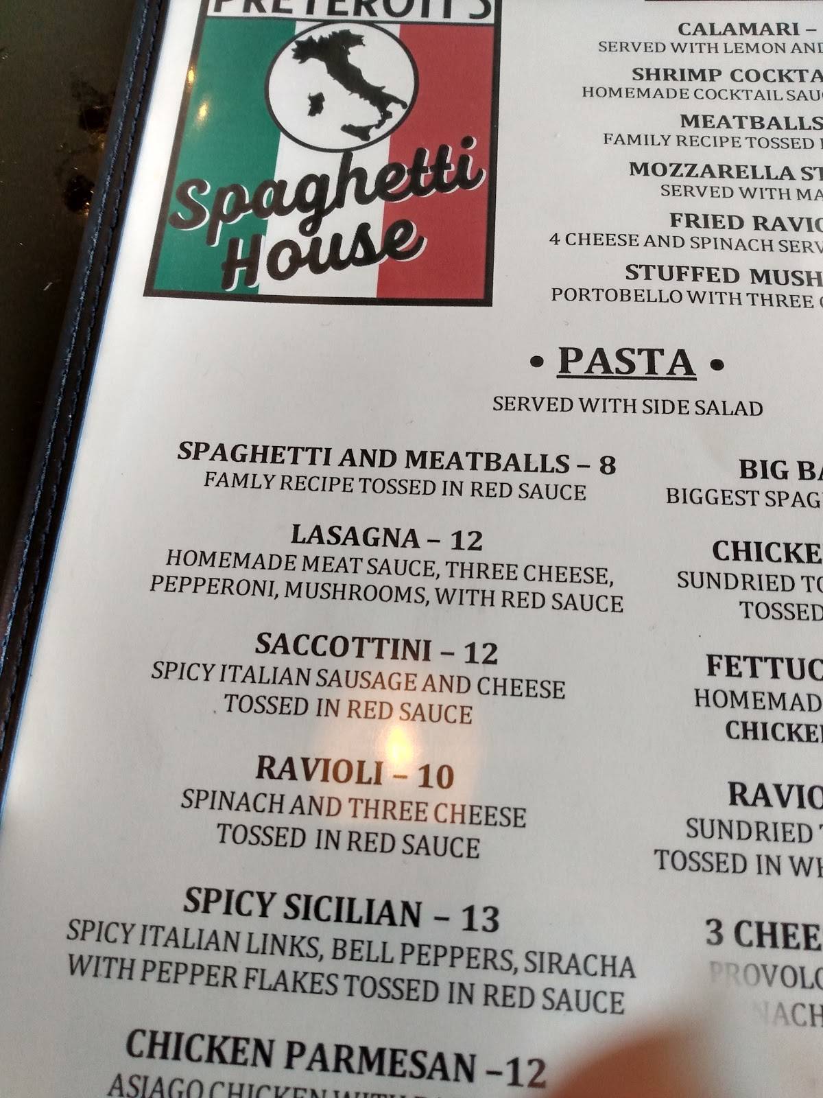 Menu at Preteroti's Spaghetti House restaurant, Findlay