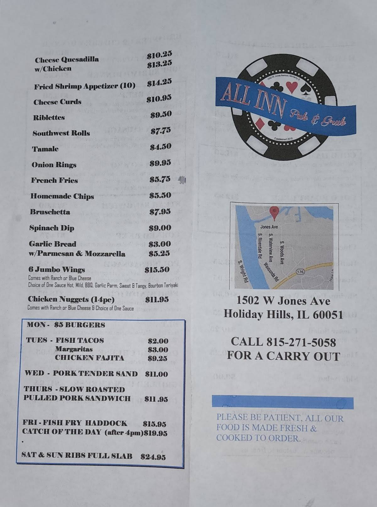 Menu at all inn pub grub holiday hills