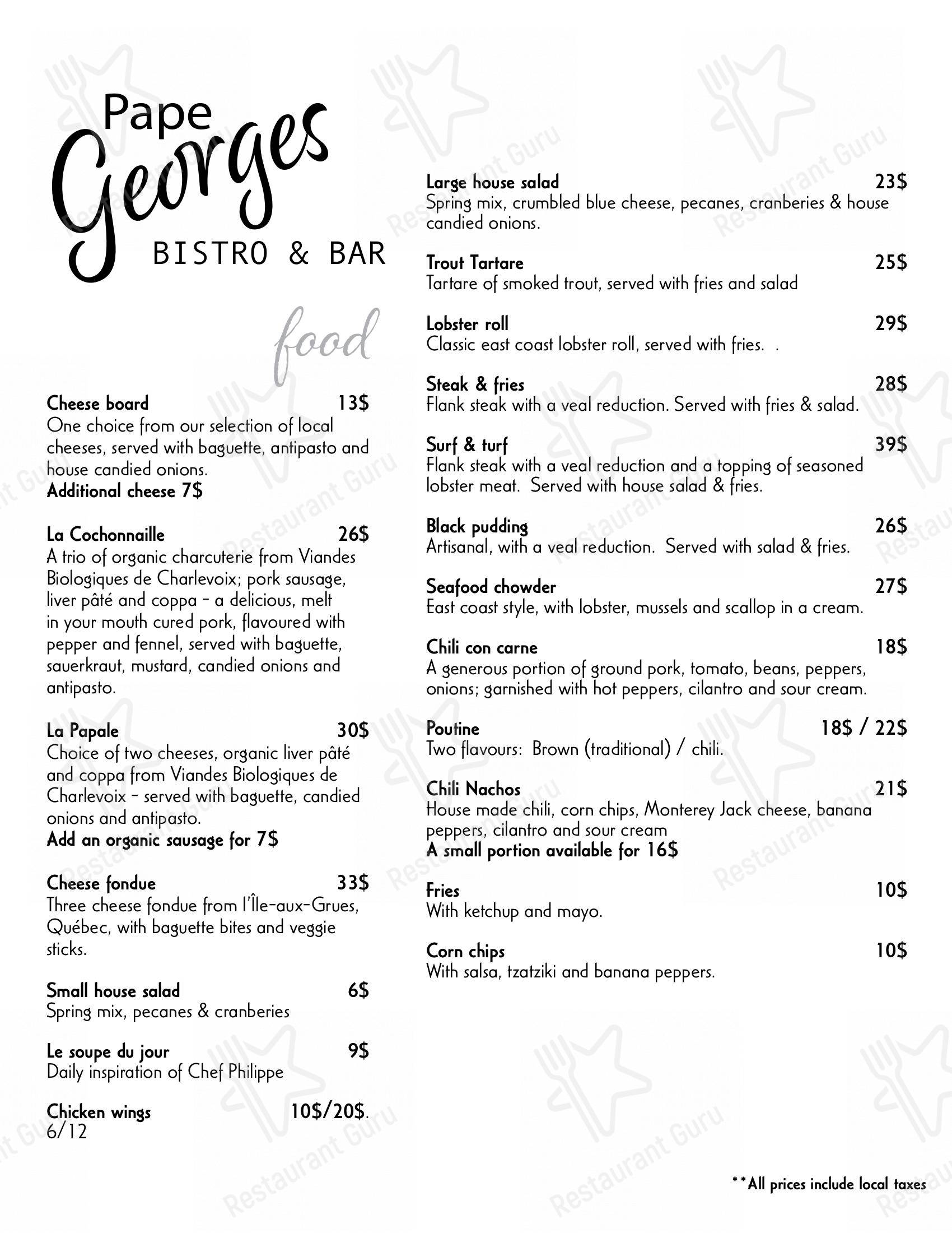 Menu au Bistrot Pape (Le) pub et bar, Québec