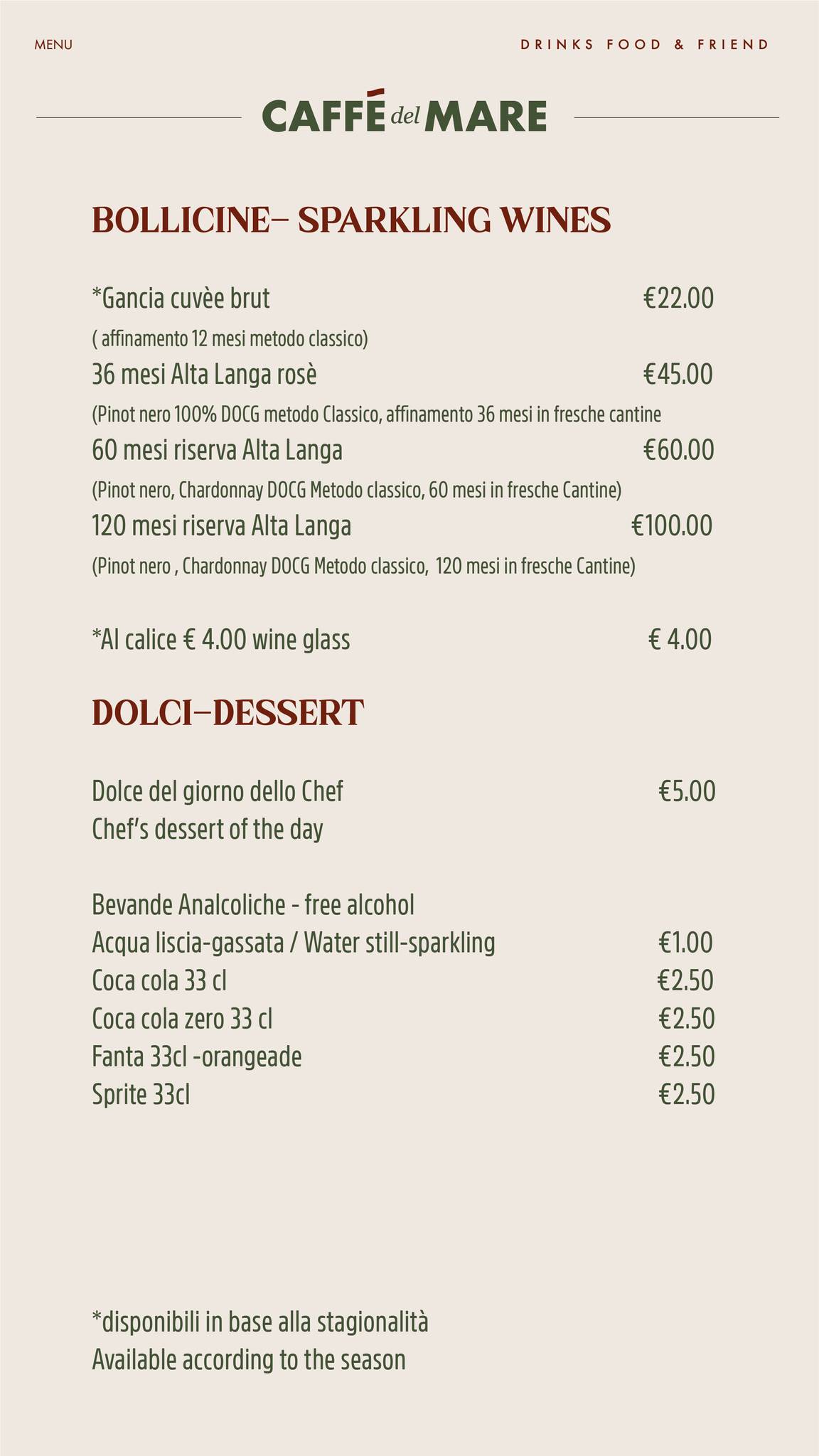 Menu di Caffè del Mare 