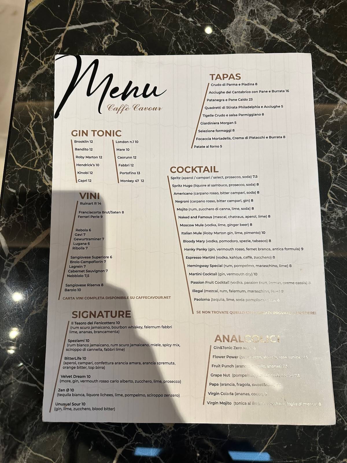 Menu di Caffè Cavour 