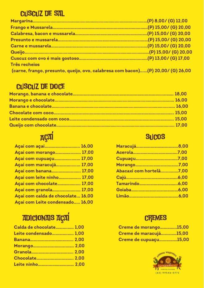 Cantinho Nordestino. Tapiocaria e cuscuz cardápio