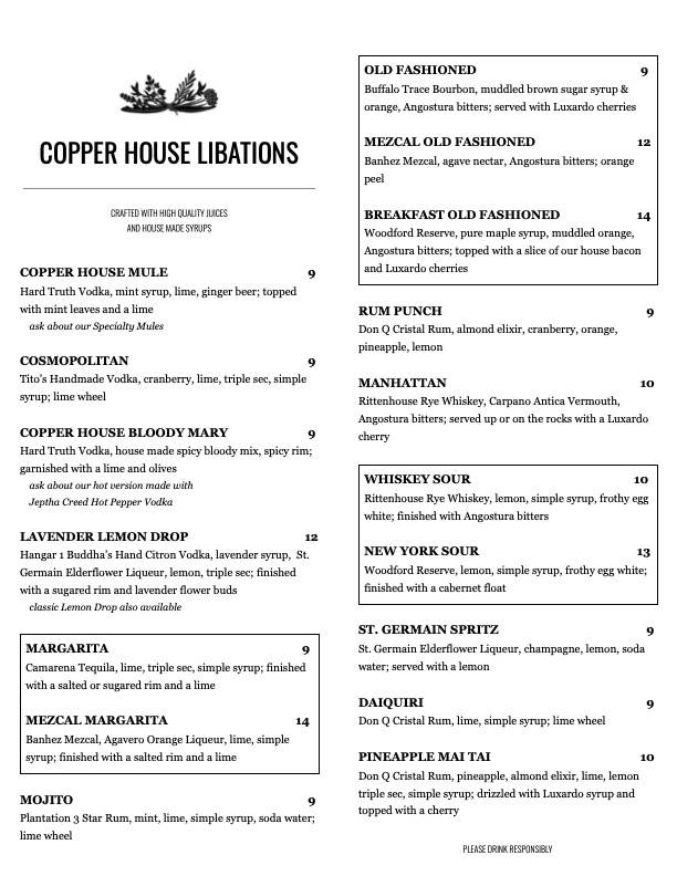 Menu at Copper House Fare + Libations pub & bar, Evansville