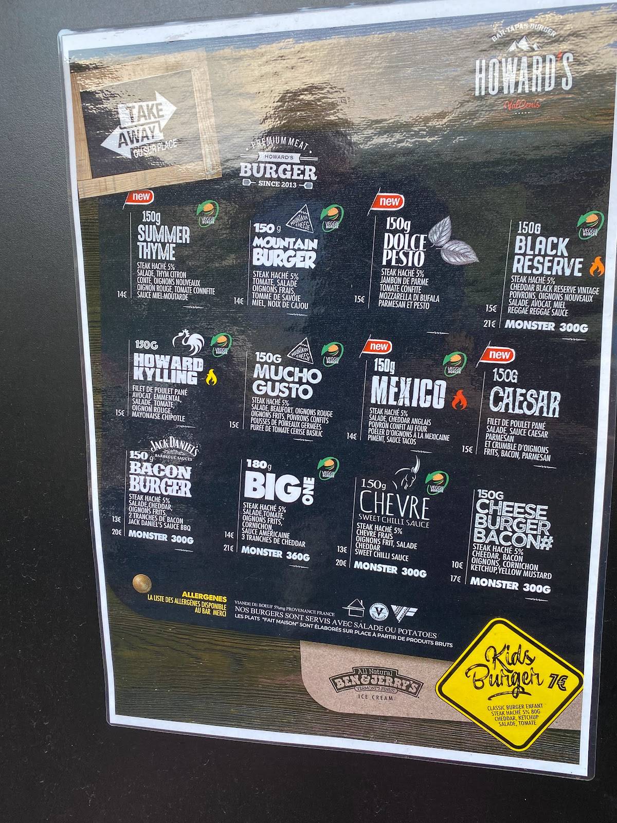 Menu de Howard's ValCenis