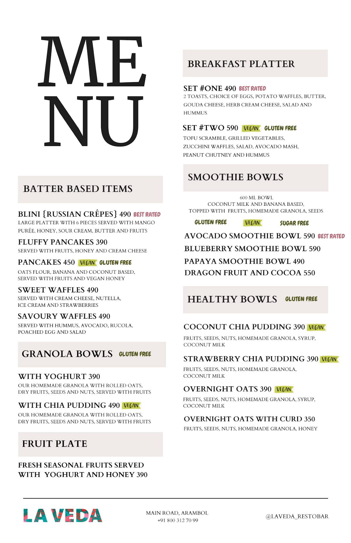 La Veda Resto&Bar menu