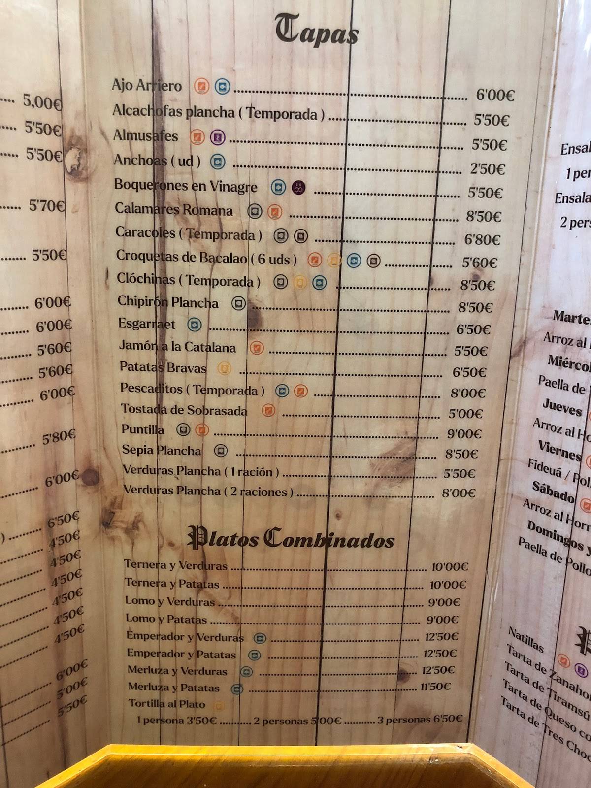 Carta del restaurante Les Tendes, Almácera, Avinguda del Mar