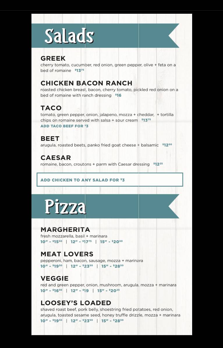 Menu at Loosey's pub & bar, Saskatoon