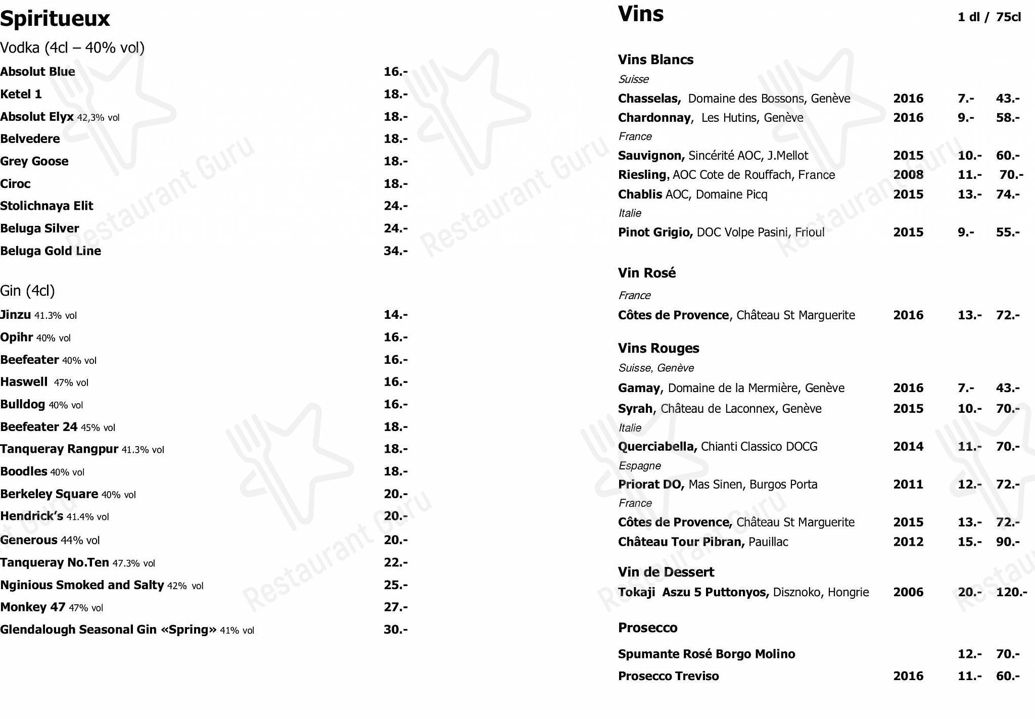 Hotel N’vy in Ginevra - Ночное меню