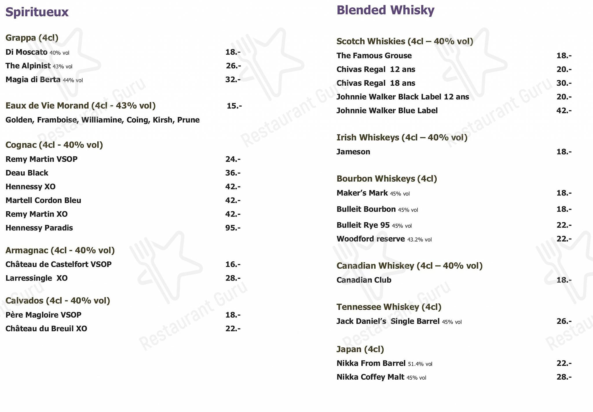 Hotel N’vy in Ginevra - Ночное меню