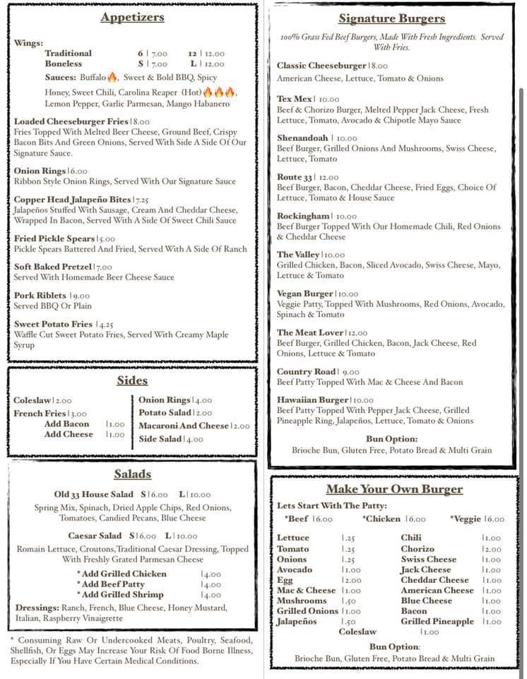 Menu at Old 33 Beer & Burger Grill, Inc. pub & bar, Elkton