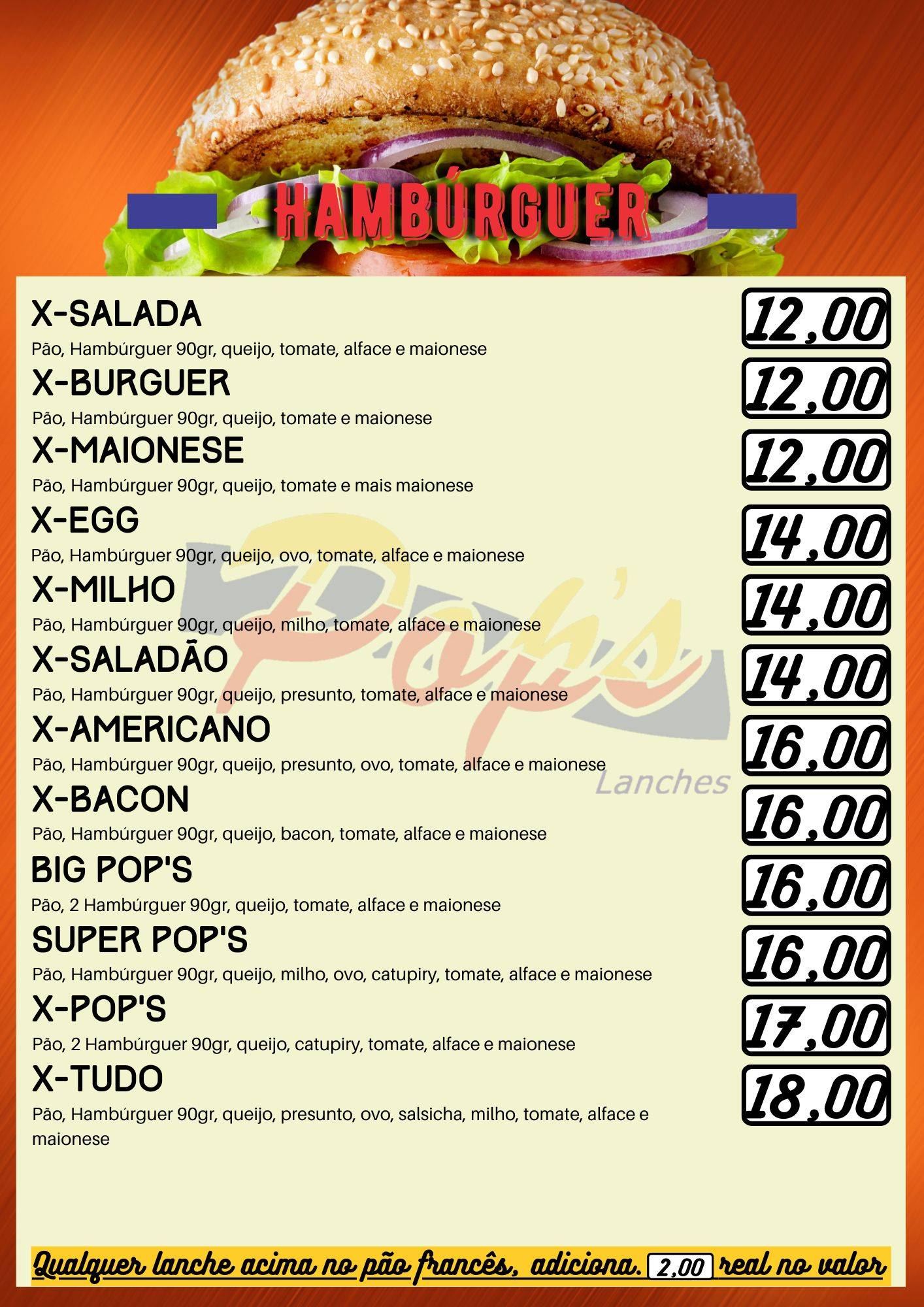 Pop's Lanches cardápio